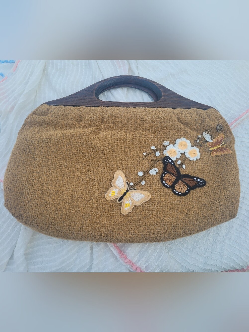 Vintage Upcycled Handbag With Butterfly And Floral Appliques And Wooden Handles
